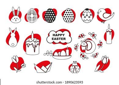 Happy Easter. Easter icons set with red spots. Silhouette symbols