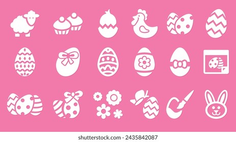 Happy Easter Icons. Set of easter symbol with pink color eggs, floral, animals vectors element