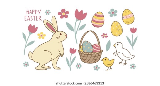 Happy Easter Icons Set Vector with Festive Bunny, Eggs, Flowers, and Spring Holiday Elements