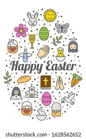 Happy Easter Icons Within Egg Shape, Easter vector poster Illustration, easter holiday poster vector set, greeting card, vector template