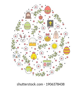 Happy Easter Icons Within Egg Shape, Easter vector poster Illustration, easter holiday poster vector icon set, greeting card, vector template, editable stroke