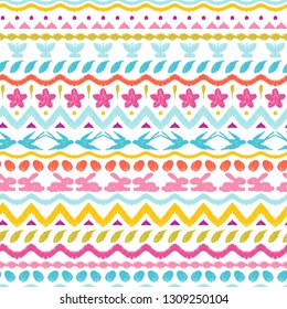 Happy Easter ikat seamless pattern. Ornament texture with holiday items. Mengikat textile.