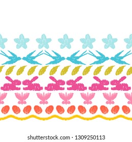 Happy Easter ikat seamless pattern. Ornament texture with holiday items. Mengikat textile.