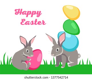 Happy Easter illustration. 2 rabbits with colorful eggs on green grass