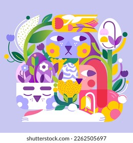 Happy Easter illustration in an abstract style with bunnies, Easter eggs and lots of greenery and flowers that immerse the viewer in spring.