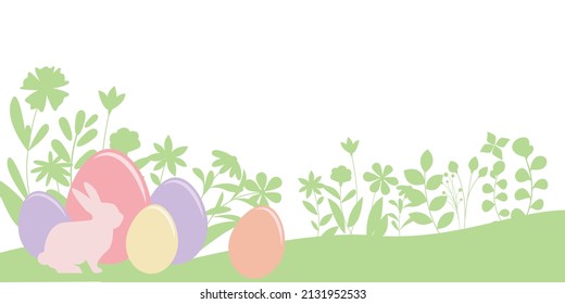 Happy easter illustration. Easter banner decoration with floral and eggs and a bunny. Vector illustration.