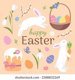 Happy Easter Illustration with Bunnies and Easter Eggs, Festive Easter illustration featuring cute white bunnies, a basket with colorful decorated eggs, traditional Easter cake, flowers, and spring