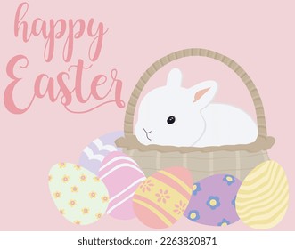 Feliz Pascua. Ilustración de Conejo de Pascua en Cesta y Huevos de Pascua. Vector de Pascua aislado en fondo pastel para impresiones textiles, tarjetas de felicitación, estampado de camisetas, papel pintado, etc. 