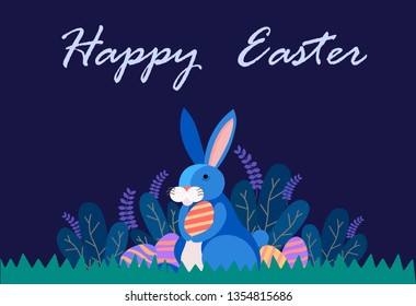 Happy Easter illustration with bunny rabbit, plant, and egg hunt in the forest for banner, greeting card , decoration template vector/ - Vector