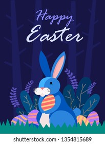 Happy Easter illustration with bunny rabbit, plant, and egg hunt in the forest for banner, greeting card , decoration template vector/ - Vector