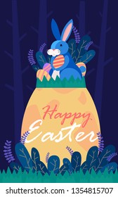 Happy Easter illustration with bunny rabbit, plant, and egg hunt in the forest for banner, greeting card , decoration template vector/ - Vector