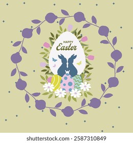 Happy Easter illustration with bunny silhouettes, decorated eggs, flowers, and a floral wreath on a pastel background. Festive background, cover, sale banner, flyer design.