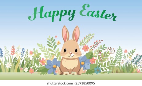 Happy Easter illustration card with flowers and a happy sweet bunny in a spring environment . vector graphic