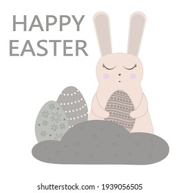 Happy Easter illustration. For card or print. Scandinavian style. Cute baby rabbit (bunny) with eggs.
