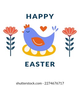 Happy Easter illustration with chicken on nest with eggs in folk nordic style. Modern minimalist spring vector design