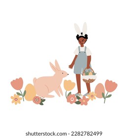Happy Easter illustration clipart, Cute bunny vector images, Childrens egg hunts clip art, Easter basket pictures, rabbit in flat cartoon style, sublimation, digital download.