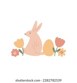 Happy Easter illustration clipart, Cute bunny vector images, Childrens egg hunts clip art, Easter basket pictures, rabbit in flat cartoon style, sublimation, digital download.