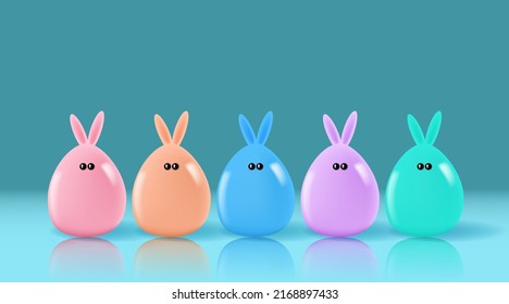 Happy Easter illustration with color bunnies. Festive 3d Plastic figures of rabbits