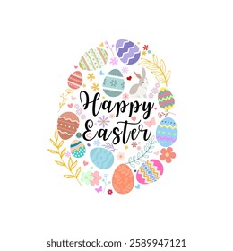 Happy Easter Illustration with Colorful Decorative Eggs, Bunny, and Florals