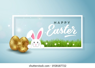 Fröhliche Ostergrafik mit buntem gemalten Ei und Kaninchen