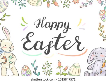 Happy easter. Illustration with cute bunnies, eggs and flowers.