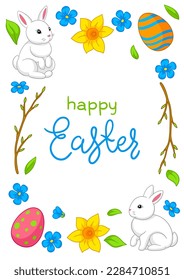 Happy Easter illustration. Cute bunnies, eggs and flowers for traditional celebration.