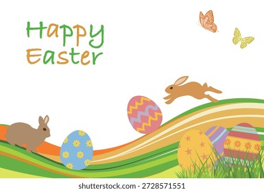 Feliz ilustração de Páscoa com coelhinhos bonitos e ovos de Páscoa coloridos em Spring Hills