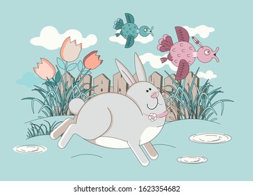 Happy Easter illustration. Cute easter bunny character runs on the grass. Spring, summer landscape for the holidays. Flat style for baby design.