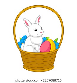 Feliz ilustración de Pascua. Conejo lindo, huevos y flores para la celebración tradicional.