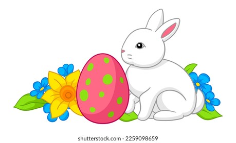 Happy Easter illustration. Cute bunny, egg and flowers for traditional celebration.