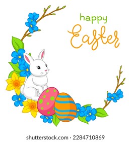 Happy Easter illustration. Cute bunny, eggs and flowers for traditional celebration.