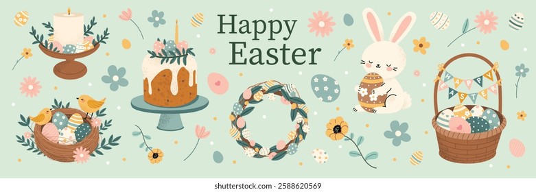 Happy Easter illustration with a cute bunny, decorated eggs, spring flowers, and a festive basket. Adorable holiday artwork with cozy details. Perfect for postcards, greeting cards and posters.