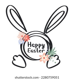 Happy easter illustration. Cute Easter card design with silhouette bunnies, flowers and herbs. Handwritten font, doodle style, vector illustration