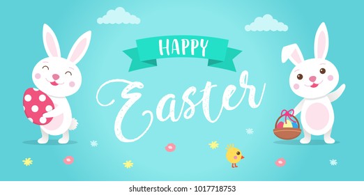 Happy Easter illustration with cute cartoon Easter Bunny, eggs, spring flowers, lettering. Vector greeting card template