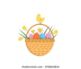 Happy easter illustration with cute chick. Colorful eggs and yellow tulips in a busket