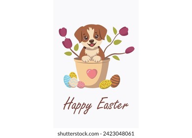 Happy Easter. Illustration of a cute puppy with flowers in a cup with Easter eggs on the ground. For postcards, t-shirts