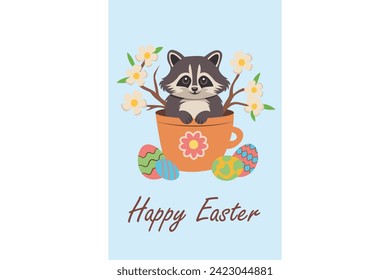 Happy Easter. Illustration of a cute raccoon with a blue background with flowers in a cup with Easter eggs on the ground. For postcards, t-shirts