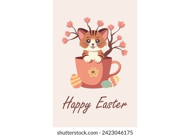 Happy Easter. Illustration of a cute tiger cub with flowers in a cup with Easter eggs on the ground. For postcards, t-shirts