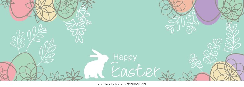 happy easter illustration decorated with colorful eggs and floral elements. Easter decorative background for event, frame, banner and graphic design. Vector illustration.