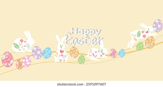 Happy easter illustration decoration with natural elements, eggs and bunnies. Decorative Happy easter background. Vector illustration.
