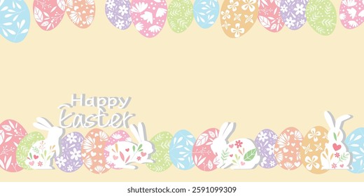Happy easter illustration decoration with natural elements, eggs and bunnies. Decorative Happy easter background. Vector illustration.