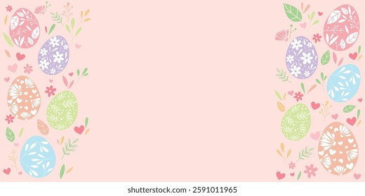 Happy easter illustration. Decorative eggs and natural elements layout illustration for Happy easter design. Vector illustration.