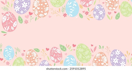 Happy easter illustration. Decorative eggs and natural elements layout illustration for Happy easter design. Vector illustration.