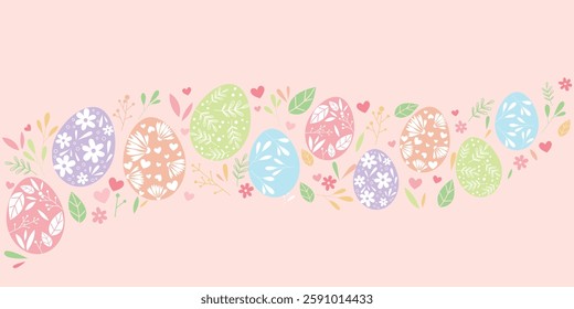 Happy easter illustration. Decorative eggs and natural elements layout illustration for Happy easter design. Vector illustration.