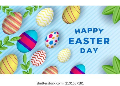 happy easter illustration design with decoration eggs and leaves. easter day vector design