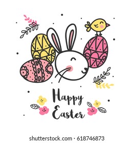 Happy Easter Illustration. Doodle Easter bunny with chicken and colorful easter eggs surrounded by doodle elements and flowers. Easter greeting card, invitation, wallpaper, background.