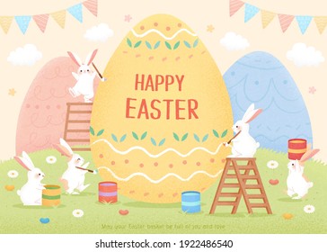 Happy Easter illustration of egg decorating activity. Cute rabbits painting a huge egg in beautiful garden.