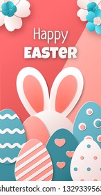 Happy Easter. Illustration with Easter eggs, bunny and spring flowers. Vector template for greeting card, banner, poster, flyer or instagram stories. Trendy colors. Paper art style