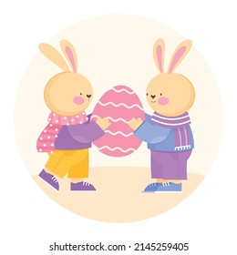 Happy Easter illustration.  Easter festival background with bunnies. Template vector for a poster, cover or postcard.