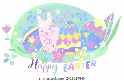 Happy easter.
Easter illustration. Flowers, Easter eggs, bunny. Spring floral illustration. Suitable for postcard, poster. Easter card in delicate shades, pastel colors. Vector file